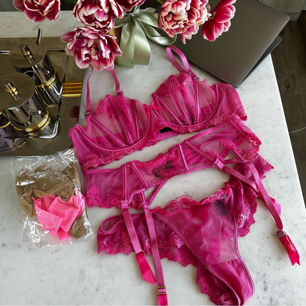 Honey Birdette 4 Pc Pink Lace Lingerie Set 38D XL